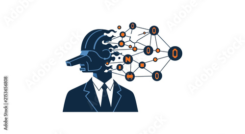 Artificial Intelligence Deepfake and Deception Concept - Businessman with Long Pinocchio Nose Connecting to Neural Network and Digital Misinformation