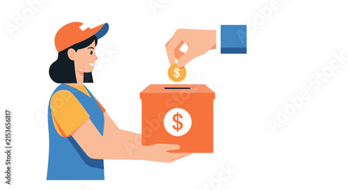 Volunteer Woman Holding Donation Box with Hand Dropping Gold Coin Concept for Charity and Philanthropy Flat Vector Illustration