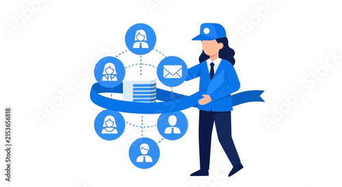 Female Delivery Courier Managing Postal Service and Global Communication Network Vector Illustration