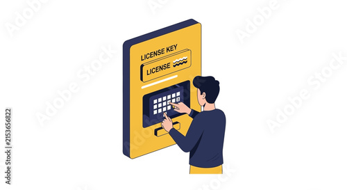Isometric Illustration of a Person Entering a Software License Key for Product Activation and Digital Security Authorization