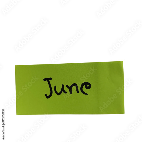 Bright green sticky note with june written on it isolated on transparent background