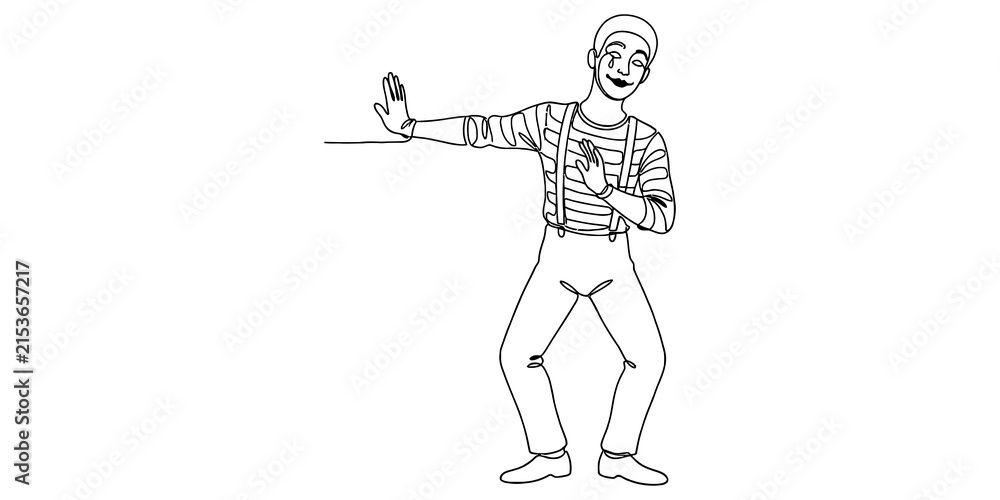 Fototapeta premium A happy mime artist performing an invisible wall trick in a classic striped shirt and suspenders