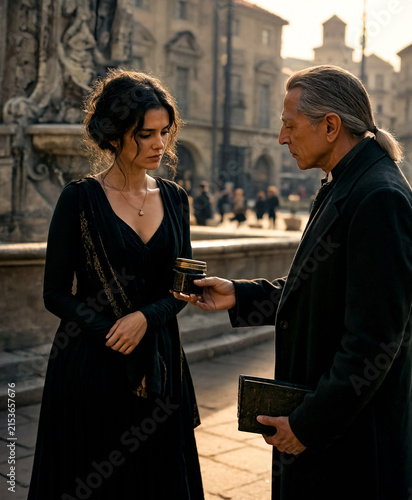 Older man hands a small jar to a young woman in a historic city square.