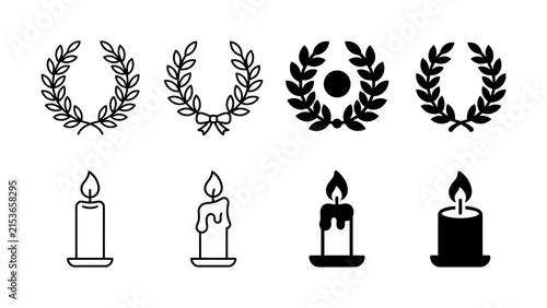 Black laurel wreaths and candles icon set