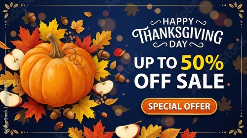 Happy thanksgiving day sale banner with pumpkin, autumn leaves, acorns and apple slices