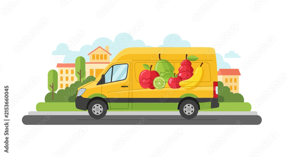 Fototapeta premium Yellow Grocery Delivery Van with Fresh Fruit Graphics in a City Neighborhood Flat Vector Illustration