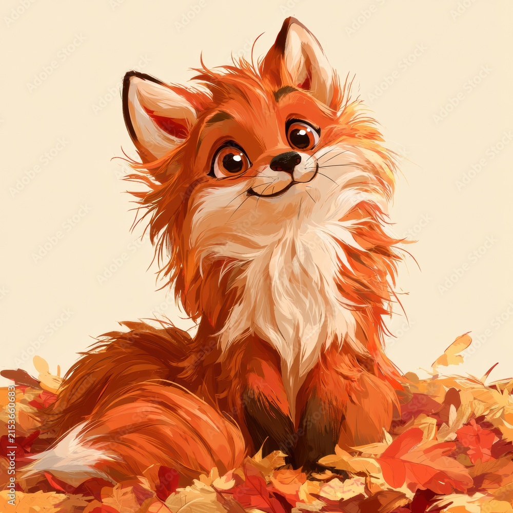 Naklejka premium A playful fox sits among vivid leaves, showing a happy face. The fox has big eyes and fluffy fur. It enjoys a sunny day in the forest.