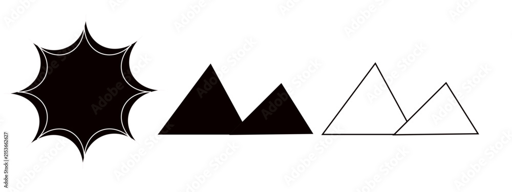 Fototapeta premium Abstract black sun silhouette and minimalist mountain peaks set isolated on white background for outdoor travel landscape vector illustration design element
