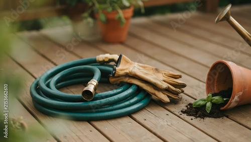 Coiled Green Garden Hose Leather Gloves Overturned Terra Cotta Pot Plant On Wooden Decking