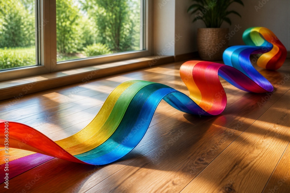 Obraz premium Rainbow ribbon curling across sunlit wooden floor near window