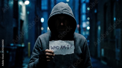 Anonymous hooded person standing in a dark urban alley, holding a torn paper note that reads 