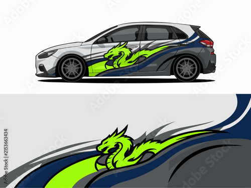 Sporty hatchback car with neon dragon decal wrap