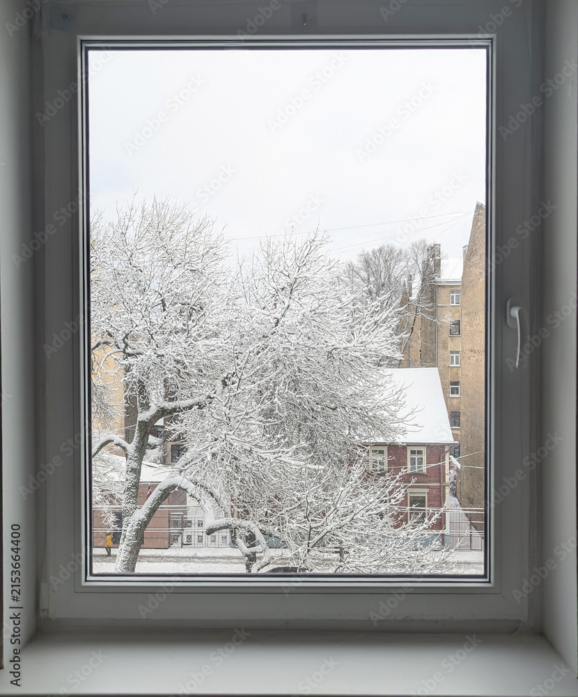 Fototapeta premium Winter city view from the window with snowy trees and buildings