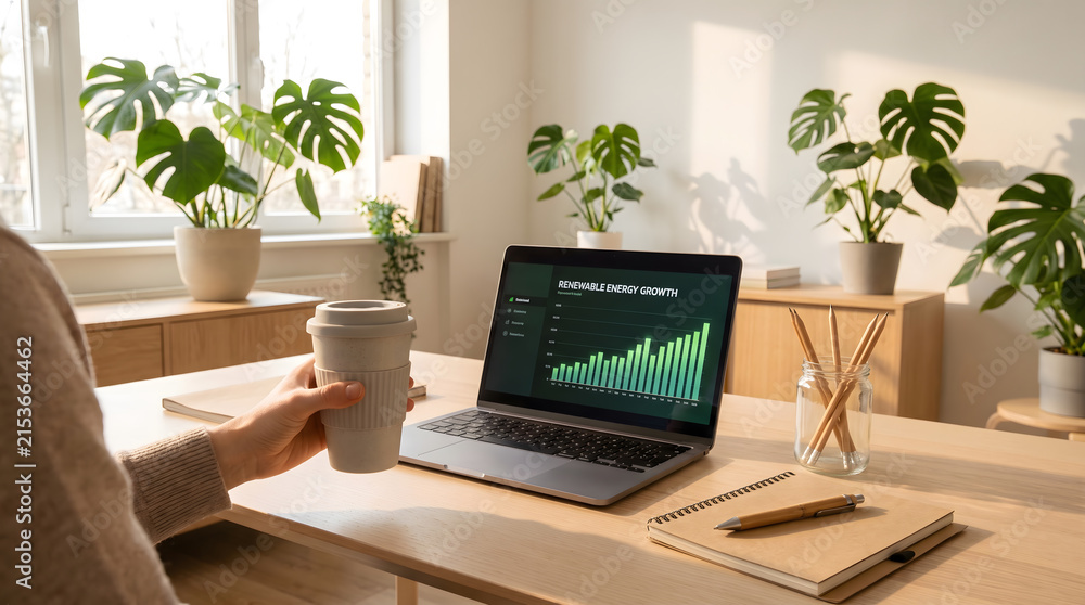 Fototapeta premium Laptop showing renewable energy growth chart on home office desk