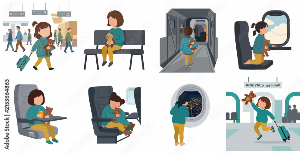 Fototapeta premium Set of illustrations showing a little girl's journey traveling by plane from airport departure to arrival with her teddy bear.