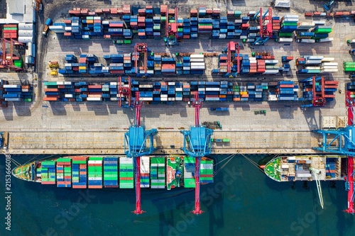 Aerial view of container cargo ship loading in industrial seaport terminal