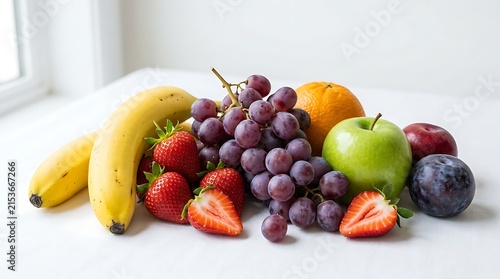 Fresh assorted fruits including bananas strawberries grapes apples oranges and plums arranged on a clean white surface