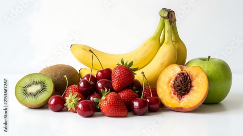 Fresh assorted fruits including bananas strawberries cherries kiwi apple and peach displayed together on clean surface