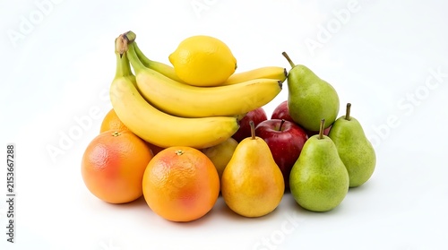 Fresh assorted fruits including bananas lemons pears apples and oranges arranged neatly on clean white surface