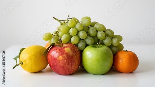 Fresh assorted fruits including green grapes bunch apple lemon orange healthy snack display