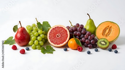 Fresh assorted fruits including pears grapes grapefruit cantaloupe kiwi berries and citrus arranged on clean surface