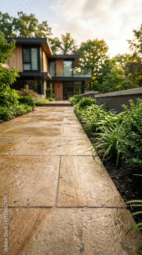 Modern stone garden walkway features natural golden flagstones leading towards luxury contemporary house with lush landscape.
