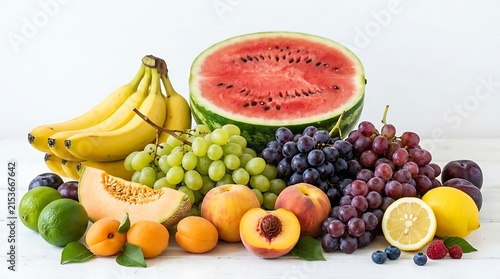 Fresh assorted fruits including watermelon grapes bananas peaches lemons berries and cantaloupe arranged on light surface