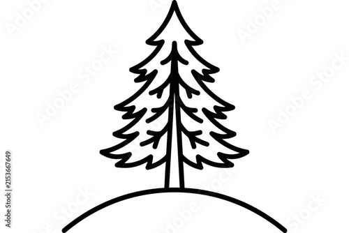 Minimalist outline illustration of a pine tree on a hill.