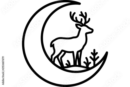Minimalist vector illustration of a deer standing inside a crescent moon.