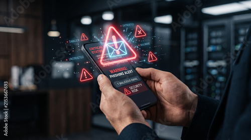 Close-up of a smartphone screen displaying a phishing alert, with glowing red warning icons, symbolizing digital security threat and urgent danger