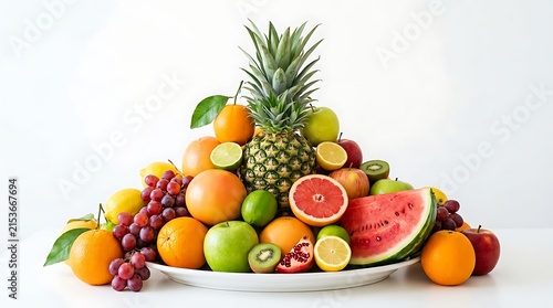 Fresh assorted tropical and citrus fruits arranged beautifully on white plate for healthy lifestyle presentation