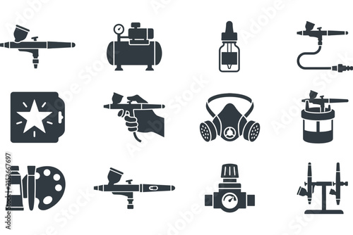 Set of Airbrush Painting and Professional Equipment Icons.