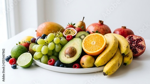 Fresh assorted tropical and exotic fruits arranged beautifully on a white plate near a window