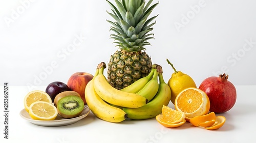 Fresh assorted tropical and citrus fruits arranged on white surface for healthy eating display