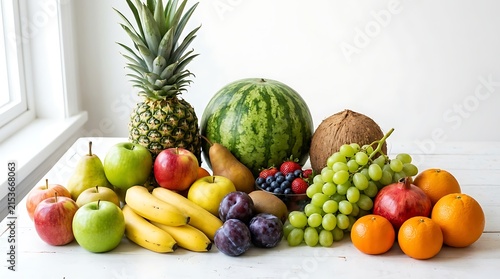 Fresh assorted tropical and temperate fruits arranged beautifully on a white surface near a window
