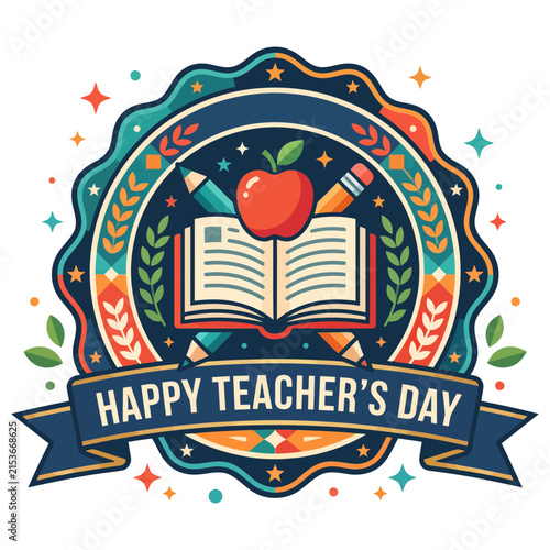 Happy teacher's day badge with book, apple, and colorful educational icons