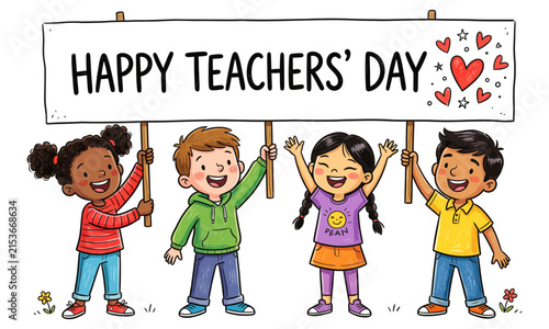 Four happy children holding teachers day sign with colorful hearts and stars