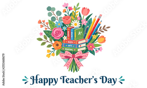 Colorful bouquet of books, flowers, pencils and ribbons for happy teacher's day celebration