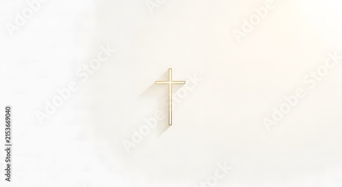 Minimal golden christian cross symbol on light surface
