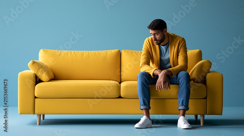 Faceless young man feeling bored and frustrated after a tedious task, sitting on a sofa, tired expression, with copy space