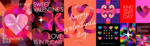 Modern Valentine's Day vector card set, vibrant gradient heart illustrations, romantic holiday social media templates with bold typography