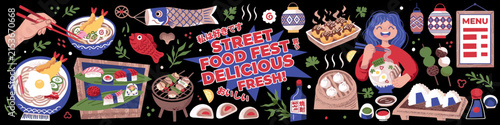 Japanese street food festival banner, colorful asian cuisine illustration, sushi and ramen vector set on black background