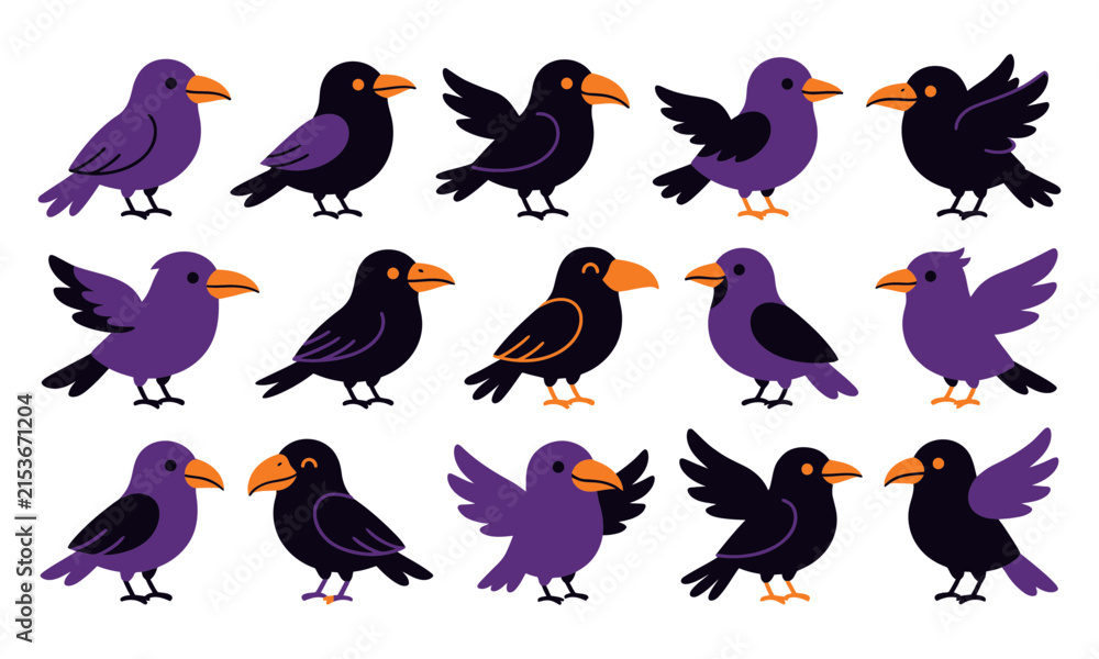 Fototapeta premium Happy Halloween Cartoon birds collection with purple and black color variations Vector