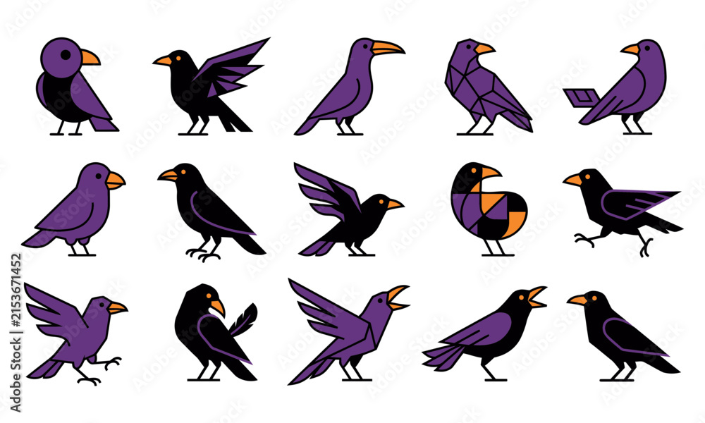 Obraz premium Happy Halloween Cartoon crows and ravens in various poses with purple and black colors Vector