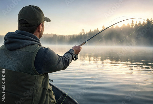 Solitary fisherman casting a fly fishing rod into a misty lake during a peaceful early morning
