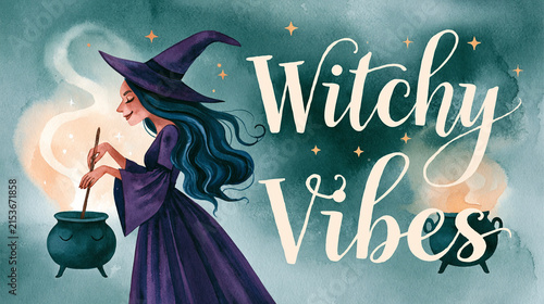 Watercolor Halloween illustration, whimsical side view of an elegant female witch stirring a small cauldron with soft glowing steam, wearing a deep purple dress and tall hat, clean