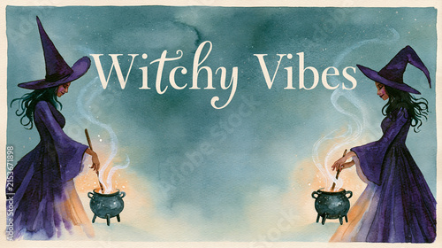 Watercolor Halloween illustration, whimsical side view of an elegant female witch stirring a small cauldron with soft glowing steam, wearing a deep purple dress and tall hat, clean