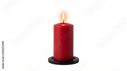 Burning red pillar candle on black stand isolated on white background