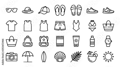 Summer beach vacation and travel line icon set featuring swimwear sunglasses hats flip flops bags camera sunscreen and tropical holiday symbols vector illustration isolated on white background, 24 wor