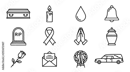 Fotografie Funeral service and mourning rituals line icon set featuring coffin tombstone candle hearse ribbon praying hands and memorial wreath symbols vector illustration isolated on white background, 23 words